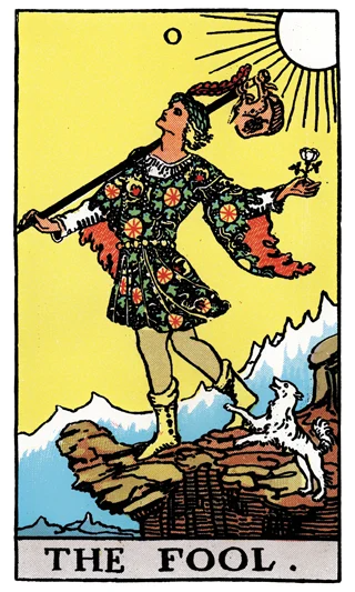 The Fool Rider-Waite-Smith tarot card showing a traveller at a cliff edge with a white dog and bright sun.