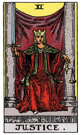 Justice Rider-Waite-Smith tarot card showing a seated figure holding an upright sword and balanced scales.