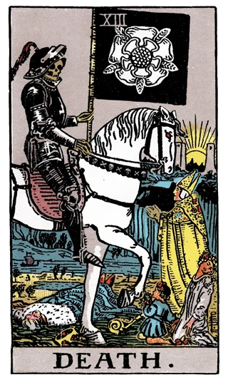 Death Rider-Waite-Smith tarot card showing an armoured skeleton riding a white horse and carrying a black flag.