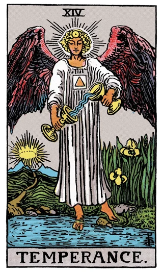 Temperance Rider-Waite-Smith tarot card showing a winged figure pouring water between two cups beside a pool.