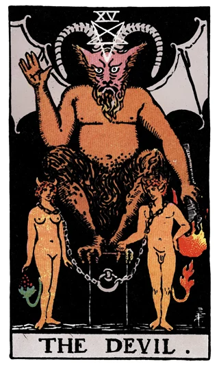 The Devil Rider-Waite-Smith tarot card showing a horned figure above two loosely chained people on a pedestal.