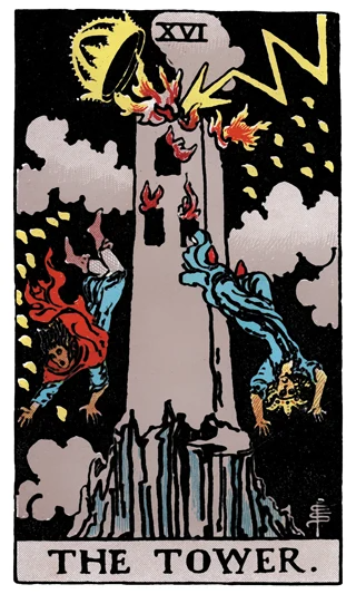 The Tower Rider-Waite-Smith tarot card showing a tower struck by lightning as a crown and two people fall.