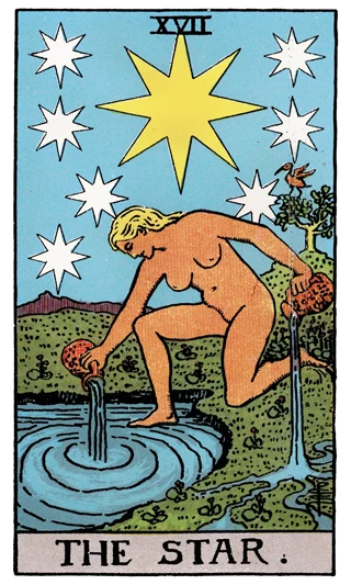 The Star Rider-Waite-Smith tarot card showing a nude figure pouring water beneath one large and seven small stars.