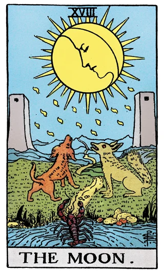 The Moon Rider-Waite-Smith tarot card showing the moon above two towers, a dog, a wolf and a crayfish.