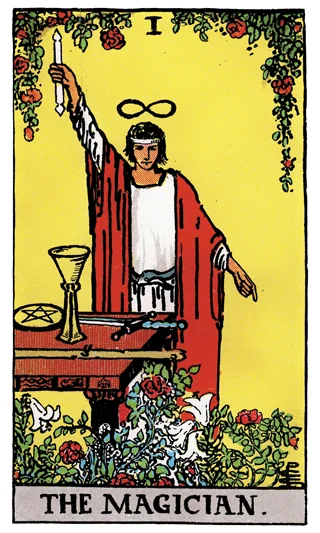 The Magician Rider-Waite-Smith tarot card showing a figure raising a wand above a table with the four suit symbols.