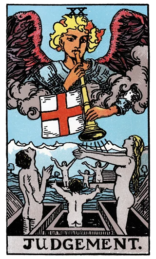 Judgement Rider-Waite-Smith tarot card showing an angel sounding a trumpet as people rise from coffins.