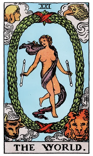 The World Rider-Waite-Smith tarot card showing a dancing figure inside a wreath with four winged beings.