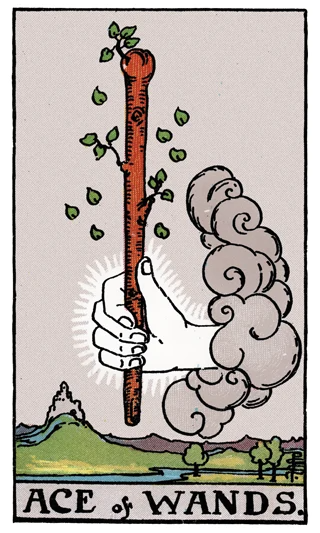 Ace of Wands Rider-Waite-Smith tarot card showing a hand emerging from a cloud holding a sprouting wand above a landscape.