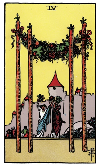 Four of Wands Rider-Waite-Smith tarot card showing four garlanded wands, two celebrants and a castle.