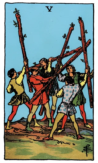 Five of Wands Rider-Waite-Smith tarot card showing five young figures crossing wooden staves in energetic conflict.