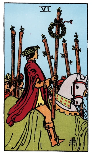 Six of Wands Rider-Waite-Smith tarot card showing a laurel-crowned rider carrying a decorated wand before followers.
