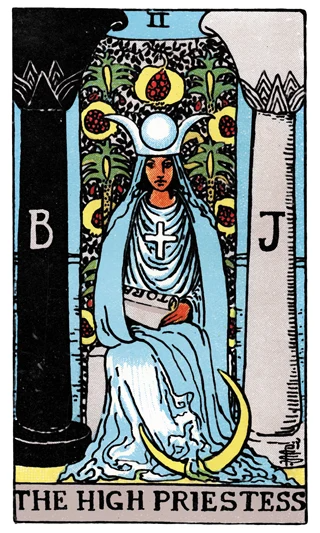 The High Priestess Rider-Waite-Smith tarot card showing a seated figure between black and white pillars holding a scroll.