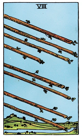 Eight of Wands Rider-Waite-Smith tarot card showing eight wooden wands flying diagonally across an open landscape.