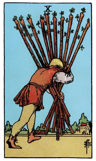 Ten of Wands Rider-Waite-Smith tarot card showing a bent figure carrying ten heavy wands towards a town.