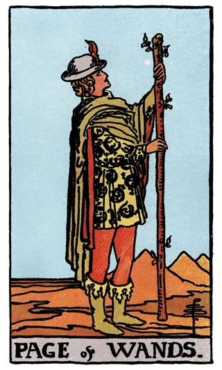 Page of Wands Rider-Waite-Smith tarot card showing a young figure studying a tall wand in a desert landscape.