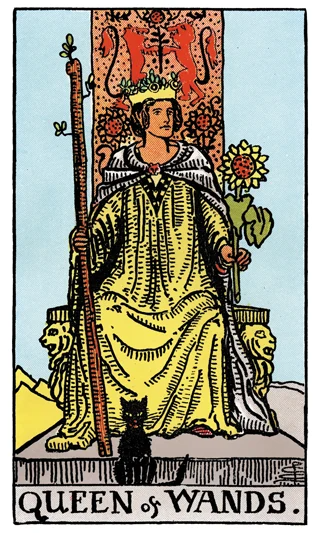 Queen of Wands Rider-Waite-Smith tarot card showing a queen holding a wand and sunflower with a black cat at her feet.