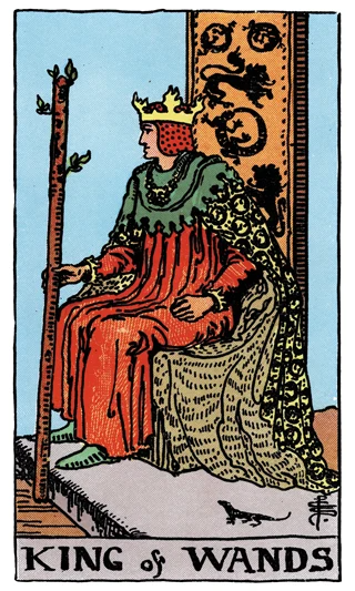 King of Wands Rider-Waite-Smith tarot card showing a crowned king holding a wand on a throne decorated with salamanders.