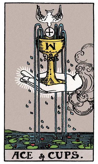 Ace of Cups Rider-Waite-Smith tarot card showing a hand holding an overflowing chalice above water lilies as a dove descends.