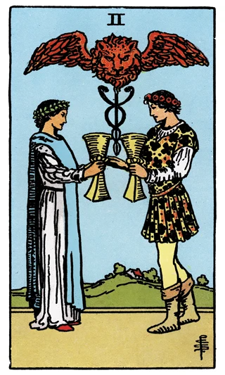 Two of Cups Rider-Waite-Smith tarot card showing a man and woman exchanging cups beneath a winged caduceus.