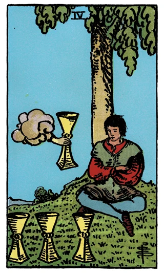 Four of Cups Rider-Waite-Smith tarot card showing a seated figure beneath a tree facing three cups as a fourth is offered.