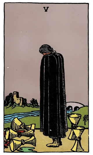 Five of Cups Rider-Waite-Smith tarot card showing a cloaked figure looking at three spilled cups with two still standing.