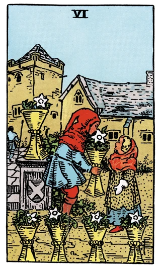Six of Cups Rider-Waite-Smith tarot card showing two children exchanging a flower-filled cup in a village garden.