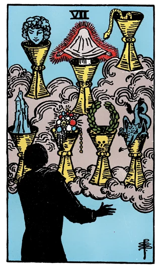 Seven of Cups Rider-Waite-Smith tarot card showing a silhouetted figure facing seven cups filled with strange visions.