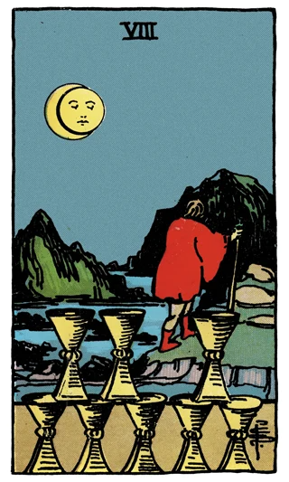 Eight of Cups Rider-Waite-Smith tarot card showing a cloaked traveller walking away from eight cups beneath the moon.