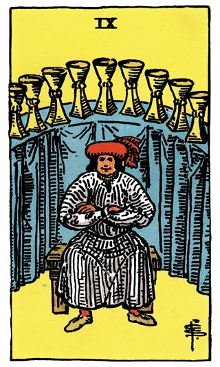 Nine of Cups Rider-Waite-Smith tarot card showing a seated figure with folded arms before a display of nine cups.