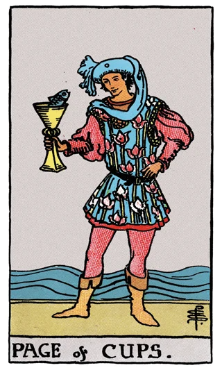 Page of Cups Rider-Waite-Smith tarot card showing a young figure holding a cup from which a fish appears.