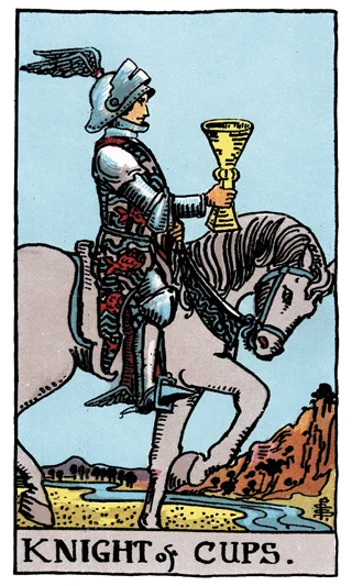Knight of Cups Rider-Waite-Smith tarot card showing a knight on a white horse extending a cup across a river landscape.