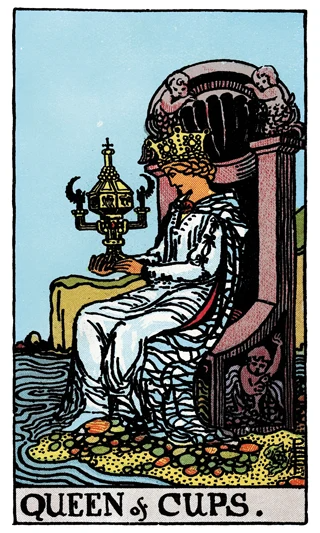 Queen of Cups Rider-Waite-Smith tarot card showing a queen seated beside the sea holding an ornate covered cup.