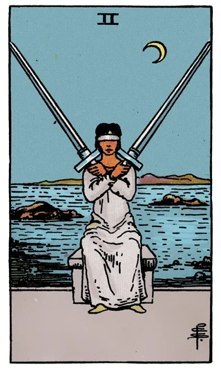 Two of Swords Rider-Waite-Smith tarot card showing a blindfolded woman by the sea holding two crossed swords.