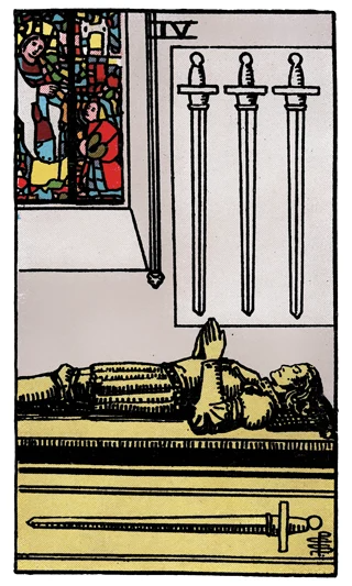 Four of Swords Rider-Waite-Smith tarot card showing a knight effigy resting on a tomb beneath three hanging swords.