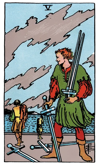 Five of Swords Rider-Waite-Smith tarot card showing a smirking figure gathering swords as two people walk away.