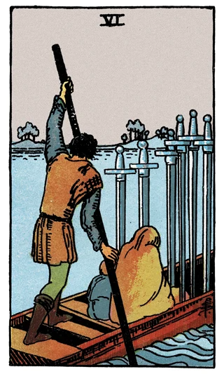 Six of Swords Rider-Waite-Smith tarot card showing a boat carrying cloaked passengers past six upright swords.