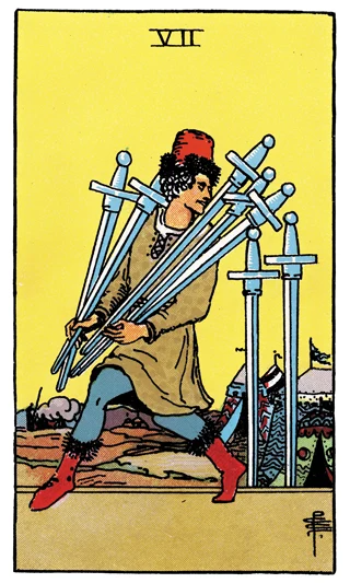 Seven of Swords Rider-Waite-Smith tarot card showing a figure carrying away five swords while two remain behind.