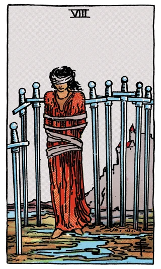 Eight of Swords Rider-Waite-Smith tarot card showing a bound and blindfolded woman surrounded by eight swords.