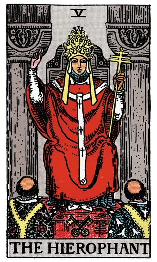 The Hierophant Rider-Waite-Smith tarot card showing a religious figure blessing two kneeling followers above crossed keys.