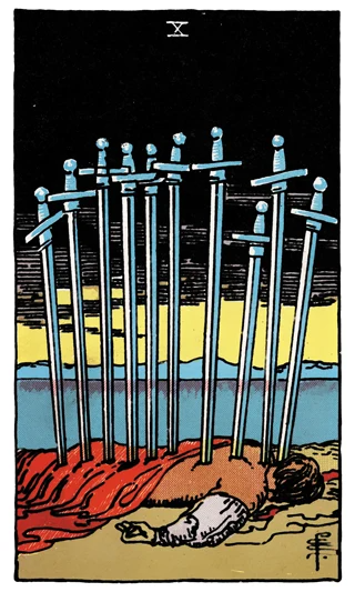 Ten of Swords Rider-Waite-Smith tarot card showing a prone figure pierced by ten swords beneath a dark sky and dawn.