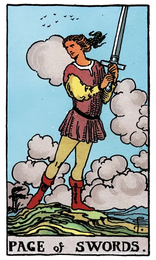 Page of Swords Rider-Waite-Smith tarot card showing a youthful figure holding an upright sword in a windy landscape.