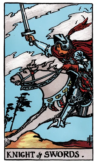 Knight of Swords Rider-Waite-Smith tarot card showing an armoured knight charging forward with a raised sword.