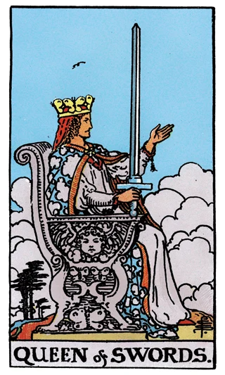 Queen of Swords Rider-Waite-Smith tarot card showing a queen on a stone throne holding a sword with one hand extended.