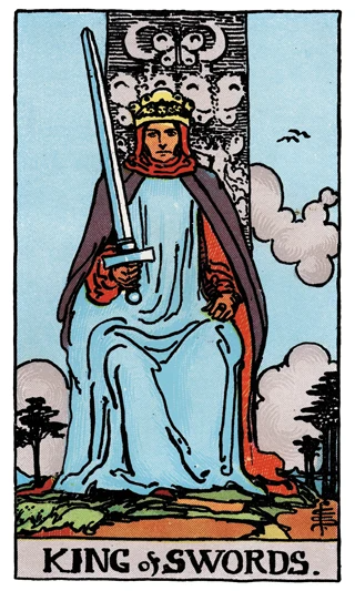 King of Swords Rider-Waite-Smith tarot card showing a crowned king seated upright holding a vertical sword.