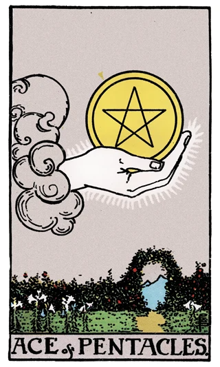 Ace of Pentacles Rider-Waite-Smith tarot card showing a hand emerging from a cloud holding a pentacle above a garden path.