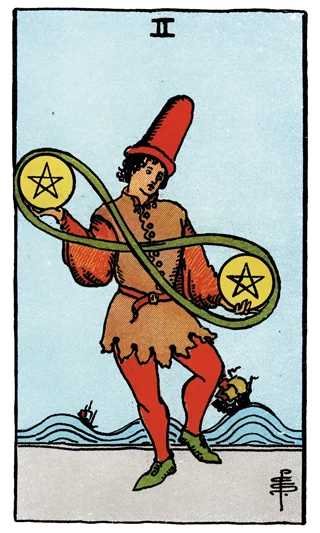 Two of Pentacles Rider-Waite-Smith tarot card showing a dancing figure juggling two pentacles joined by an infinity loop.
