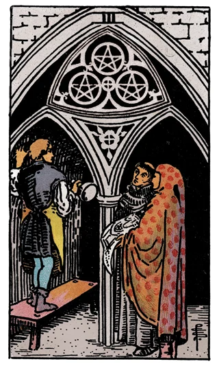 Three of Pentacles Rider-Waite-Smith tarot card showing a craftsperson consulting two figures beneath a cathedral arch.