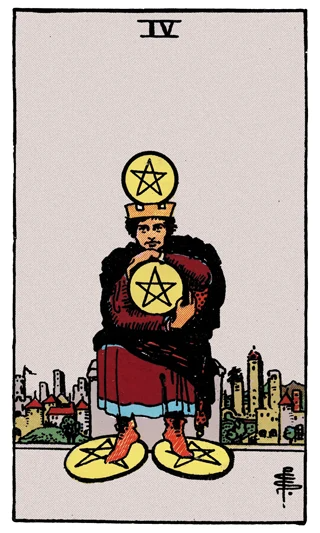 Four of Pentacles Rider-Waite-Smith tarot card showing a crowned figure clutching pentacles at the head, chest and feet.