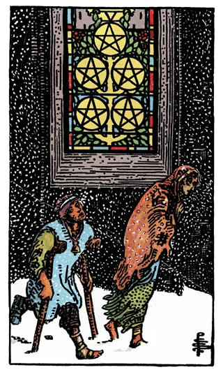 Five of Pentacles Rider-Waite-Smith tarot card showing two distressed figures walking through snow outside a lit window.