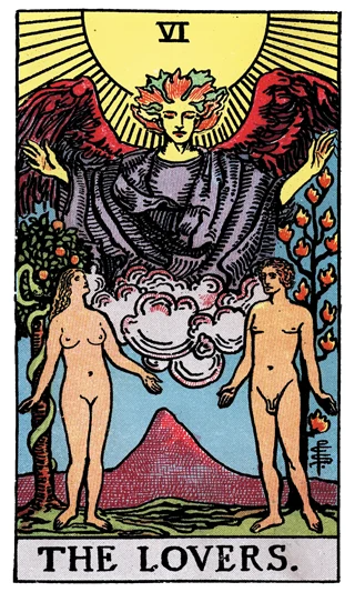 The Lovers Rider-Waite-Smith tarot card showing two nude figures beneath an angel, sun and mountain.